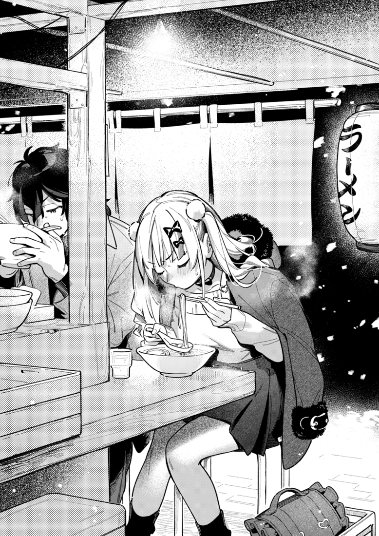 1boy, 1girl, bag, blush, bowl, chopsticks, closed_eyes, coat