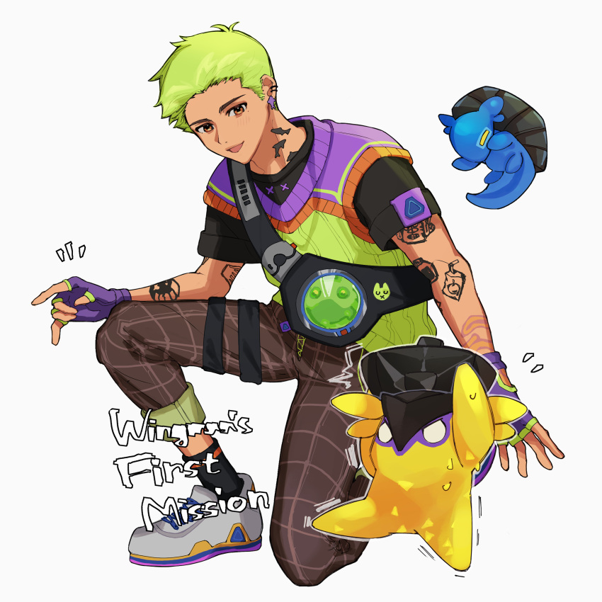 1boy, absurdres, animification, arm_tattoo, black_shirt, brown_eyes, brown_pants, creature, dizzy_(valorant), fingerless_gloves, gekko_(valorant), gloves, green_hair, green_sweater, grey_footwear, highres, looking_down, male_focus, nanana_(syoki0916), open_mouth, pants, plaid, plaid_pants, purple_gloves, shirt, shoes, short_hair, smile, sneakers, solo_focus, sweater, tattoo, valorant, wingman_(valorant)