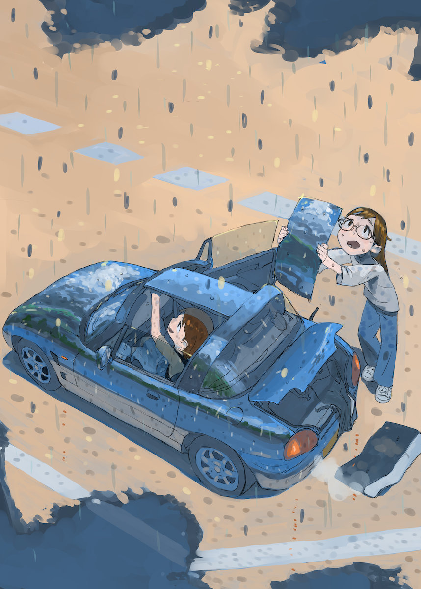 2girls, blue_car, blue_pants, brown_hair, car, commentary, glasses, grey_shirt