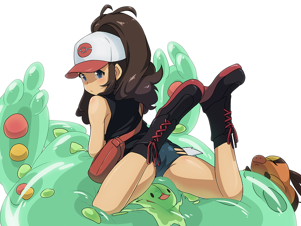baseball_cap, blue_eyes, boots, brown_hair, denim, denim_shorts, hat, pokemon