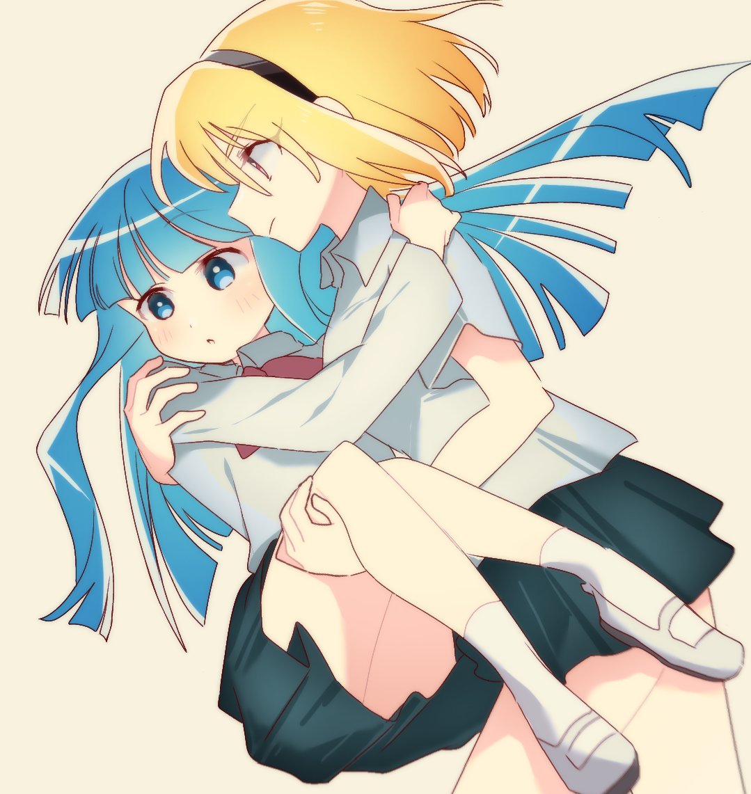 2girls, 6npnmcuvsauiemp, alternate_eye_color, alternate_hair_color, black_skirt, blonde_hair, blue_eyes, blue_hair