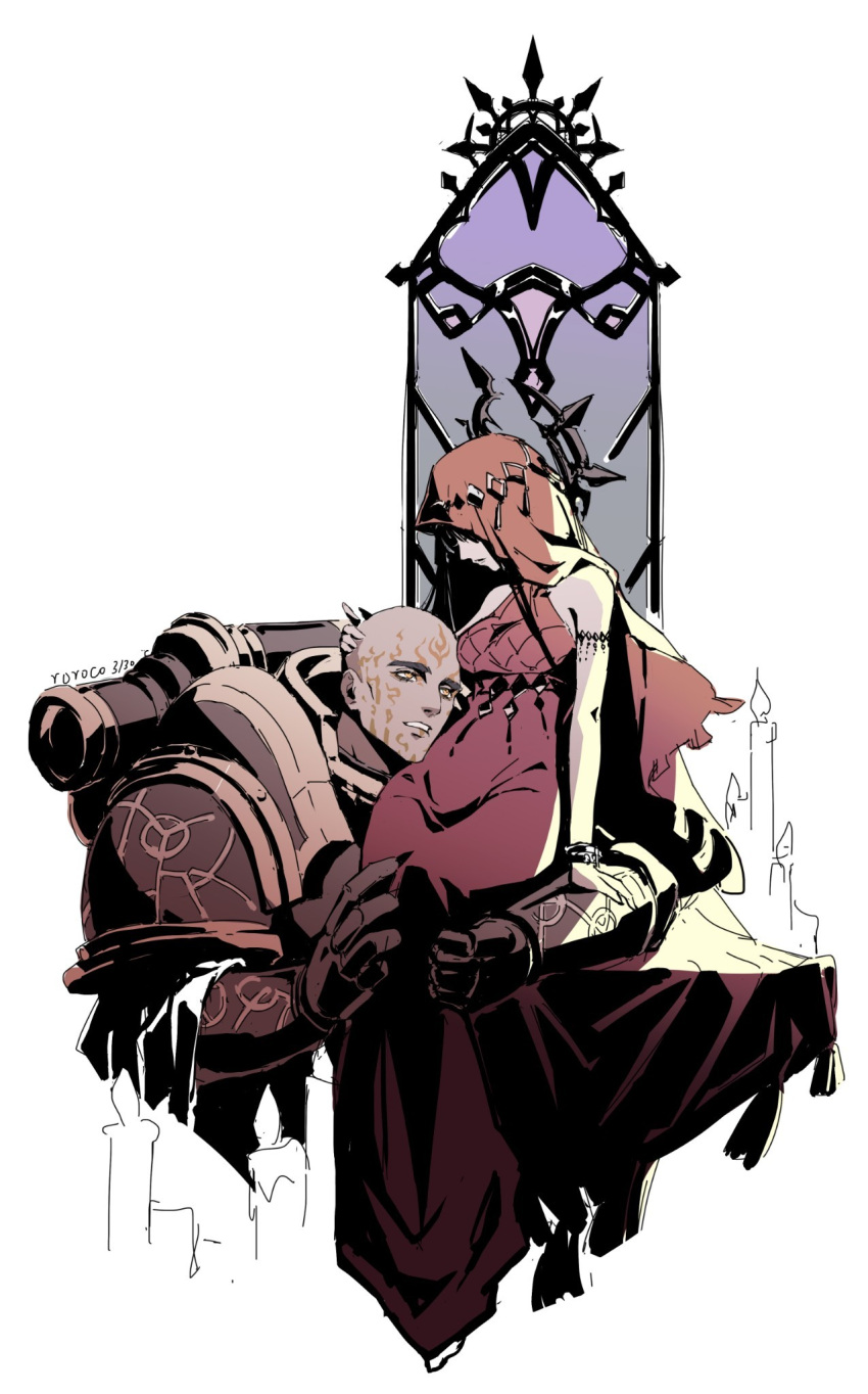1boy, 1girl, artist_name, bald, breastplate, candle, commentary, couter, english_commentary, engraved_armor, facial_tattoo, gauntlets, grey_armor, lorgar_aurelian, ornate_armor, pauldrons, power_armor, pregnant, primarch, red_dress, rerebrace, roroco316, shoulder_armor, size_difference, the_armour_of_the_word, warhammer_40k, white_background, word_bearers, yellow_eyes