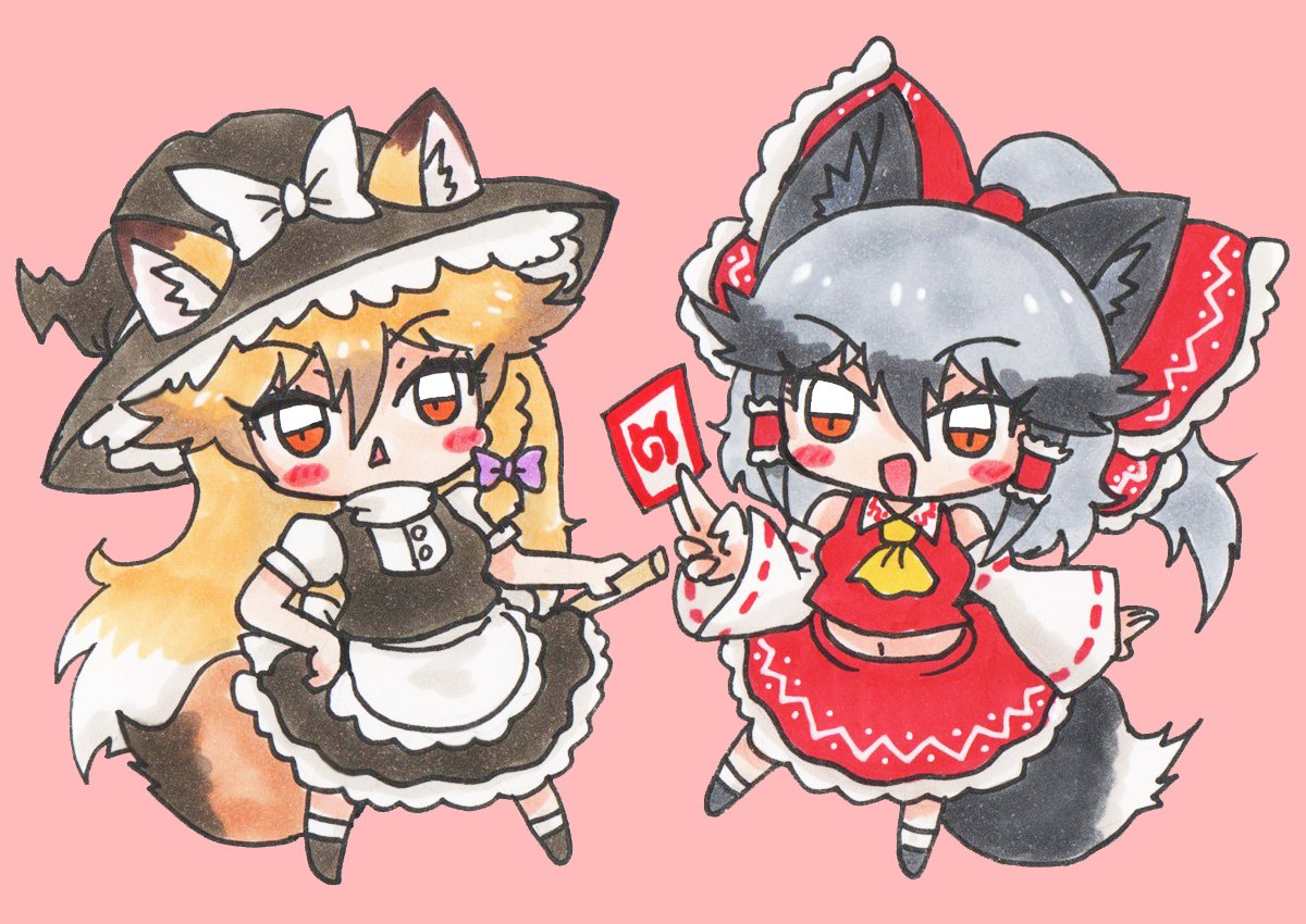 2girls, :<, animal_ears, apron, bare_shoulders, black_dress, blush, bow