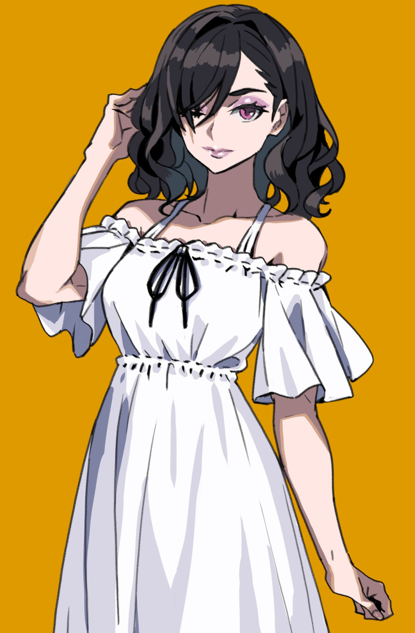 1girl, absurdres, alternate_costume, alternate_hairstyle, bare_shoulders, berengaria_(unicorn_overlord), black_hair, dress