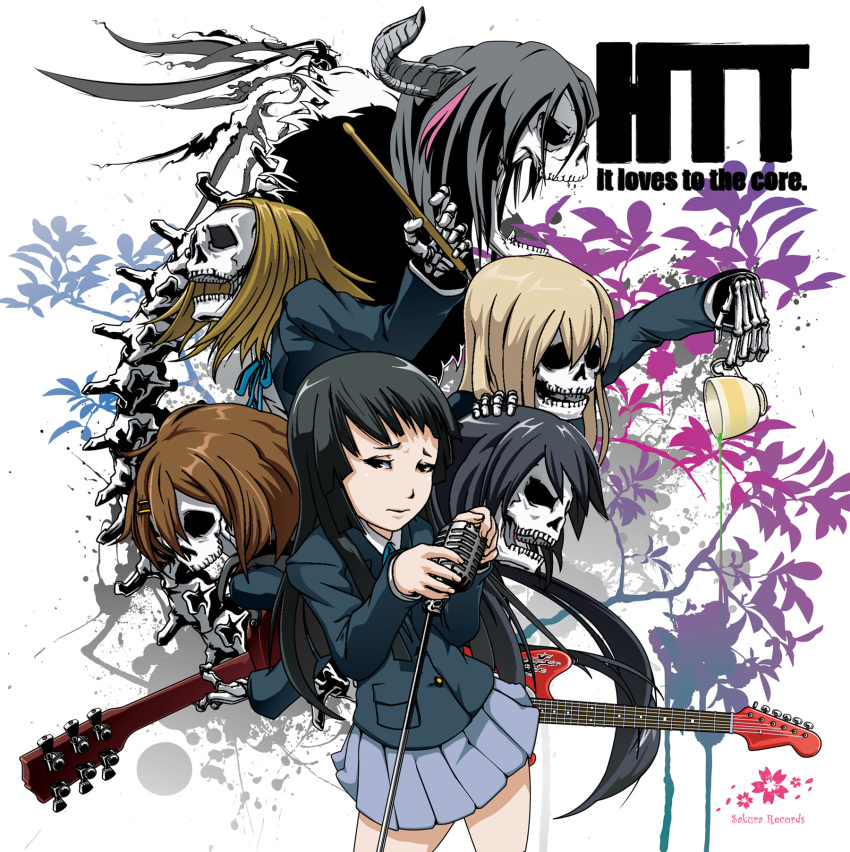 akiyama_mio, black_hair, blonde_hair, brown_hair, cup, drumsticks, guitar, hemo_style, highres, hirasawa_yui, horns, instrument, k-on!, kotobuki_tsumugi, microphone_stand, multiple_girls, nakano_azusa, skeleton, tainaka_ritsu, teacup, yamanaka_sawako