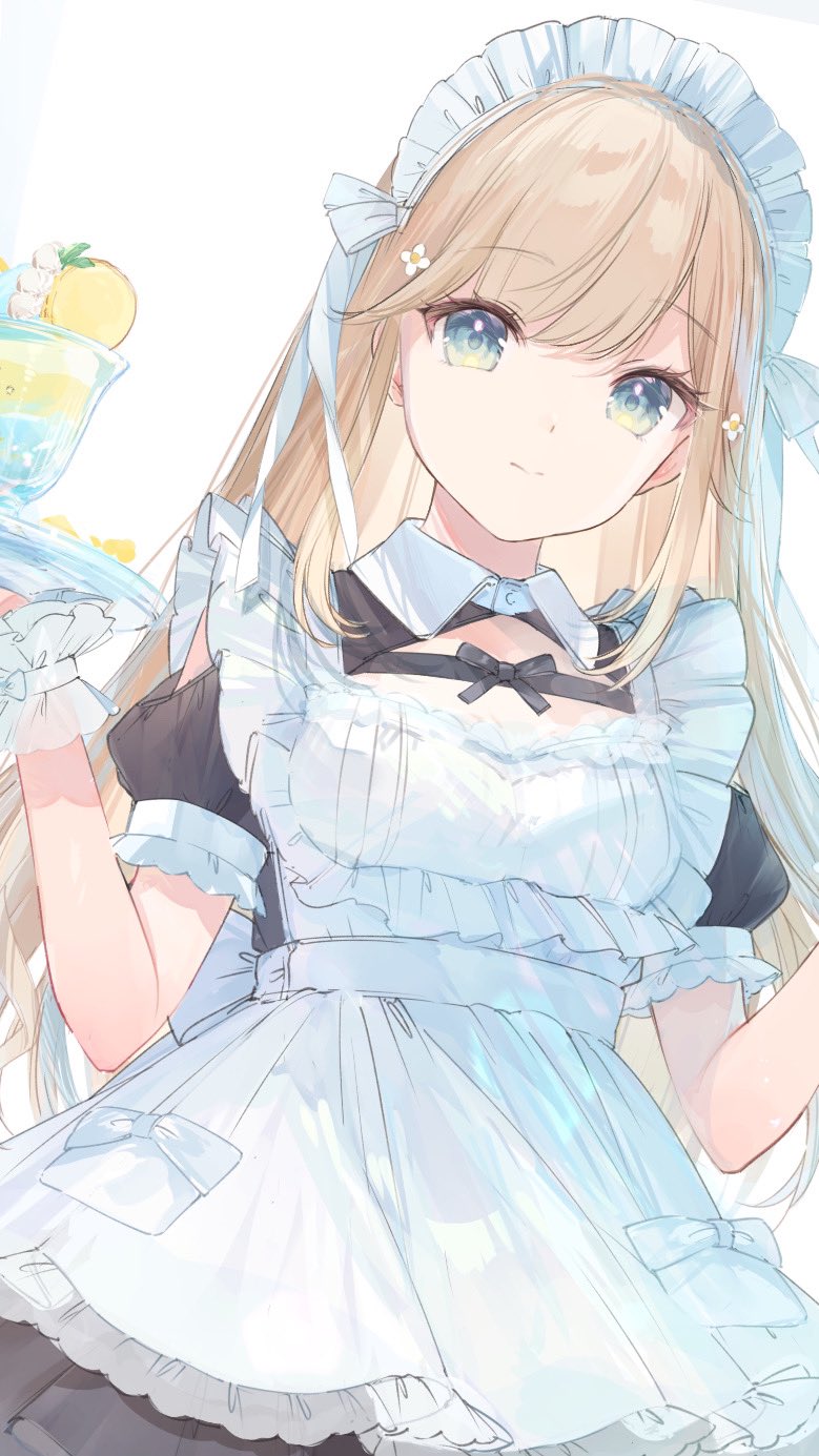 1girl, apron, aqua_eyes, blonde_hair, breasts, center_frills, cleavage_cutout, clothing_cutout