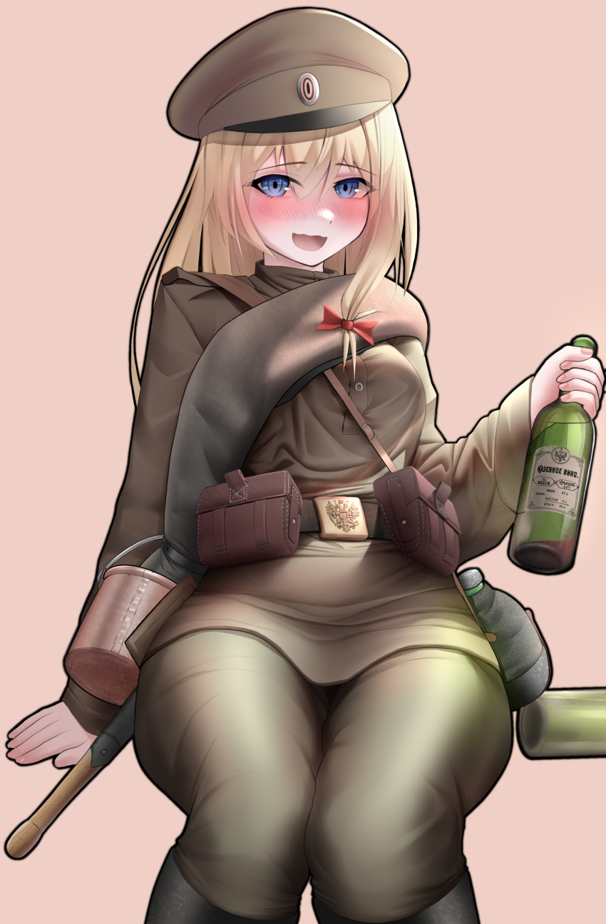 1girl, absurdres, ammunition_pouch, baton_(weapon), belt, blanket, blonde_hair, blue_hair