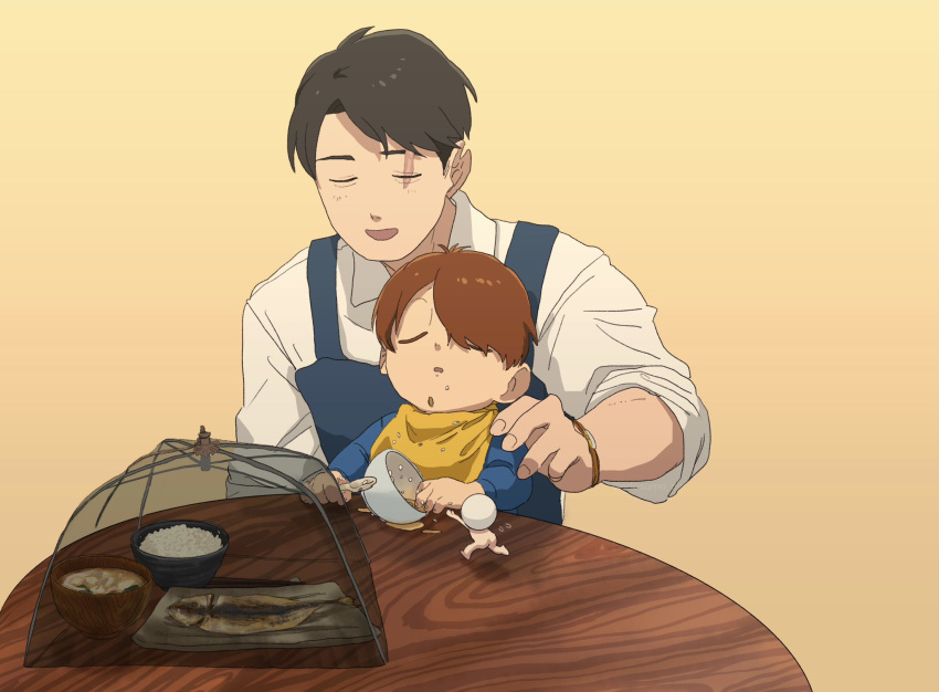 apron, baby, black_hair, brown_hair, child, closed_eyes, dinner, eating, edosumo_nin, family, father_and_son, fish, gegege_no_kitarou, highres, kitarou, kitarou_tanjou:_gegege_no_nazo, medama_oyaji, miso_soup, mizuki_(gegege_no_kitarou), multiple_boys, parted_bangs, rice, scar, shirt, short_hair, sleeping, sleeveless, spilling, table, towel, white_shirt, wooden_table