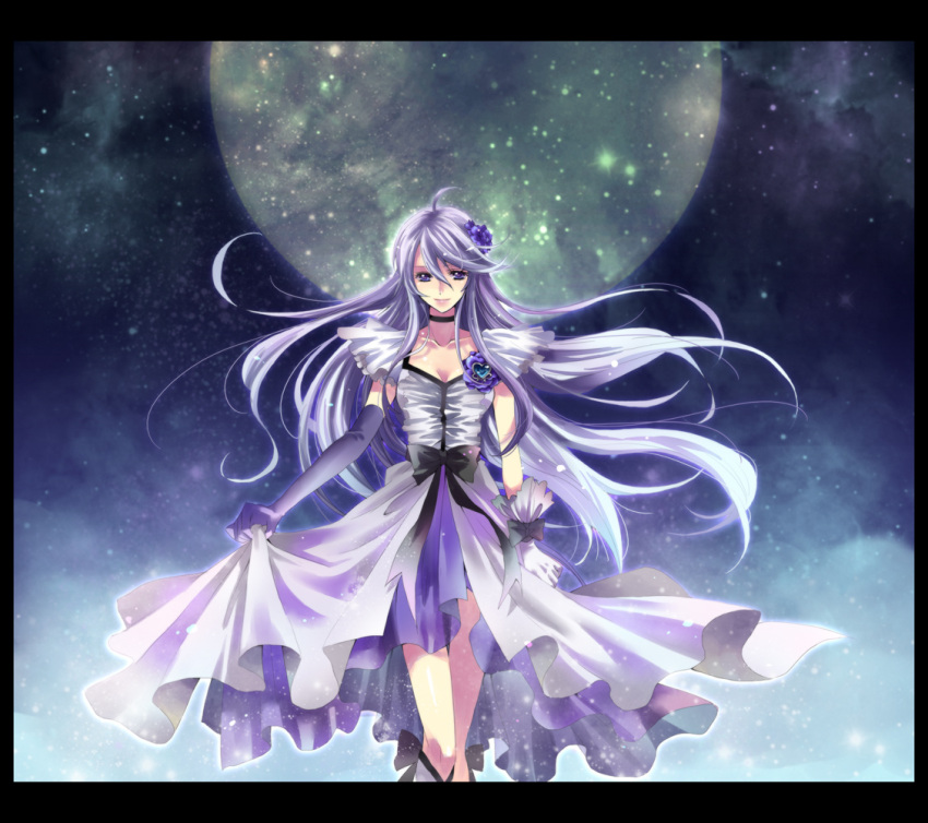 blue_eyes, blue_rose, boots, bow, breasts, choker, cleavage, cure_moonlight, dress, earrings, elbow_gloves, flower, gloves, hair_flower, hair_ornament, heart, heartcatch_precure!, jewelry, kanou_rihito, long_hair, magical_girl, precure, purple_hair, rose, skirt, skirt_lift, smile, solo, tsukikage_yuri, wrist_cuffs