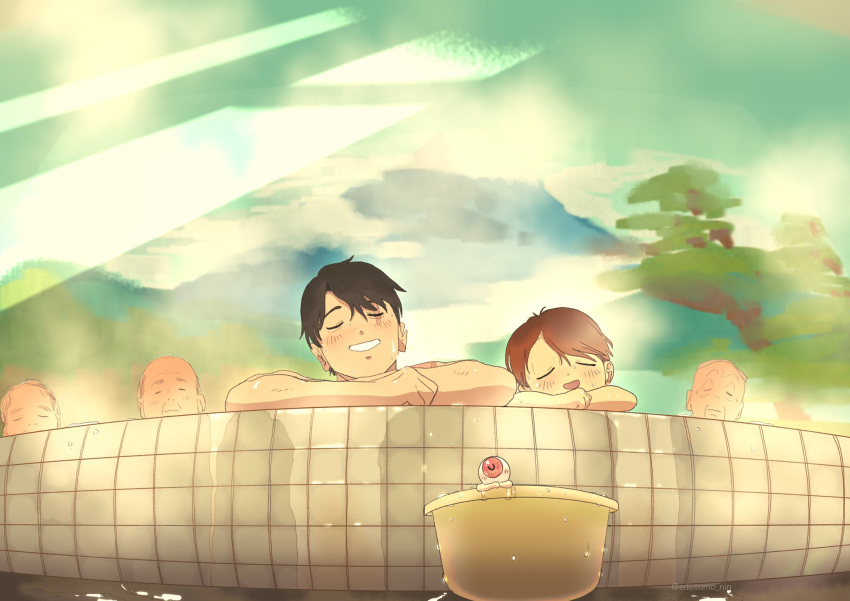 6+boys, arms_on_table, baby, bucket, child, closed_eyes, edosumo_nin, family, father_and_son, gegege_no_kitarou, highres, kitarou, kitarou_tanjou:_gegege_no_nazo, medama_oyaji, mizuki_(gegege_no_kitarou), multiple_boys, old, old_man, onsen, parted_bangs, parted_hair, short_hair, steam, tiles, topless_male, wallpaper_(object)