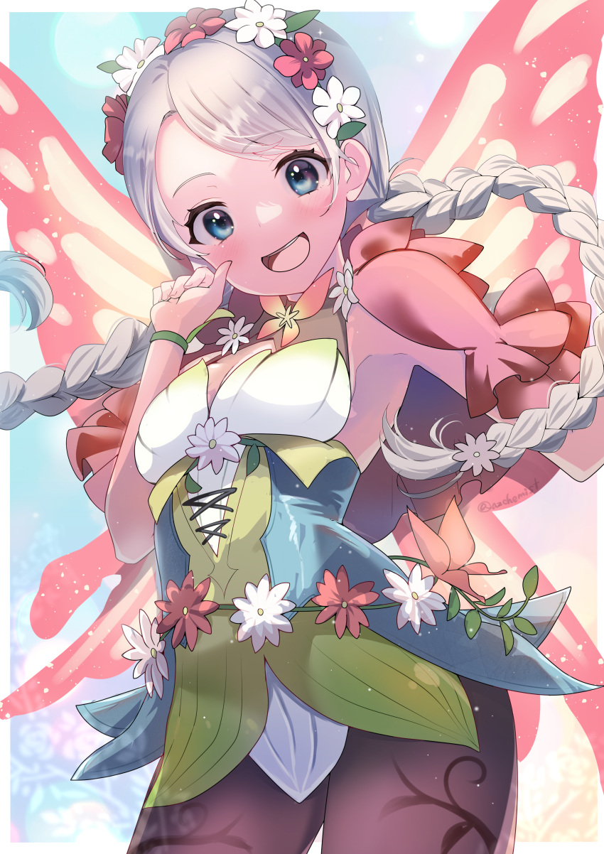 1girl, absurdres, armpits, azusa_(azchemist63), blue_eyes, braid, brown_pantyhose, butterfly_wings, capelet, commission, commissioner_upload, cross-laced_clothes, cross-laced_dress, dress, fairy_wings, fire_emblem, fire_emblem_fates, fire_emblem_heroes, flower, flower_bracelet, gradient_clothes, green_bracelet, grey_hair, hair_vines, highres, insect_wings, leaf_bracelet, long_hair, low_twin_braids, low_twintails, nina_(fire_emblem), nina_(resplendent)_(fire_emblem), official_alternate_costume, open_mouth, pantyhose, parted_bangs, pink_capelet, pink_flower, short_dress, skeb_commission, smile, solo, twin_braids, twintails, vine_belt, vine_bracelet, vine_harness, vine_print, white_flower, wings