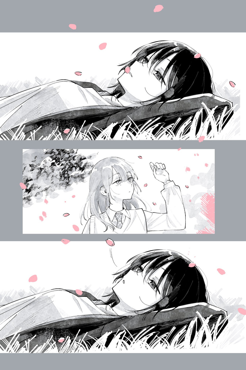 2girls, cherry_blossoms, closed_mouth, collared_shirt, commentary_request, greyscale, highres, jacket, kuwabara_(medetaya), long_hair, long_sleeves, looking_up, lying, monochrome, multiple_girls, naoi_(zenbu_kowashite_jigoku_de_aishite), necktie, on_back, open_clothes, open_jacket, petal_on_face, shirt, short_hair, spot_color, sweater_vest, yoshizawa_kurumi, zenbu_kowashite_jigoku_de_aishite