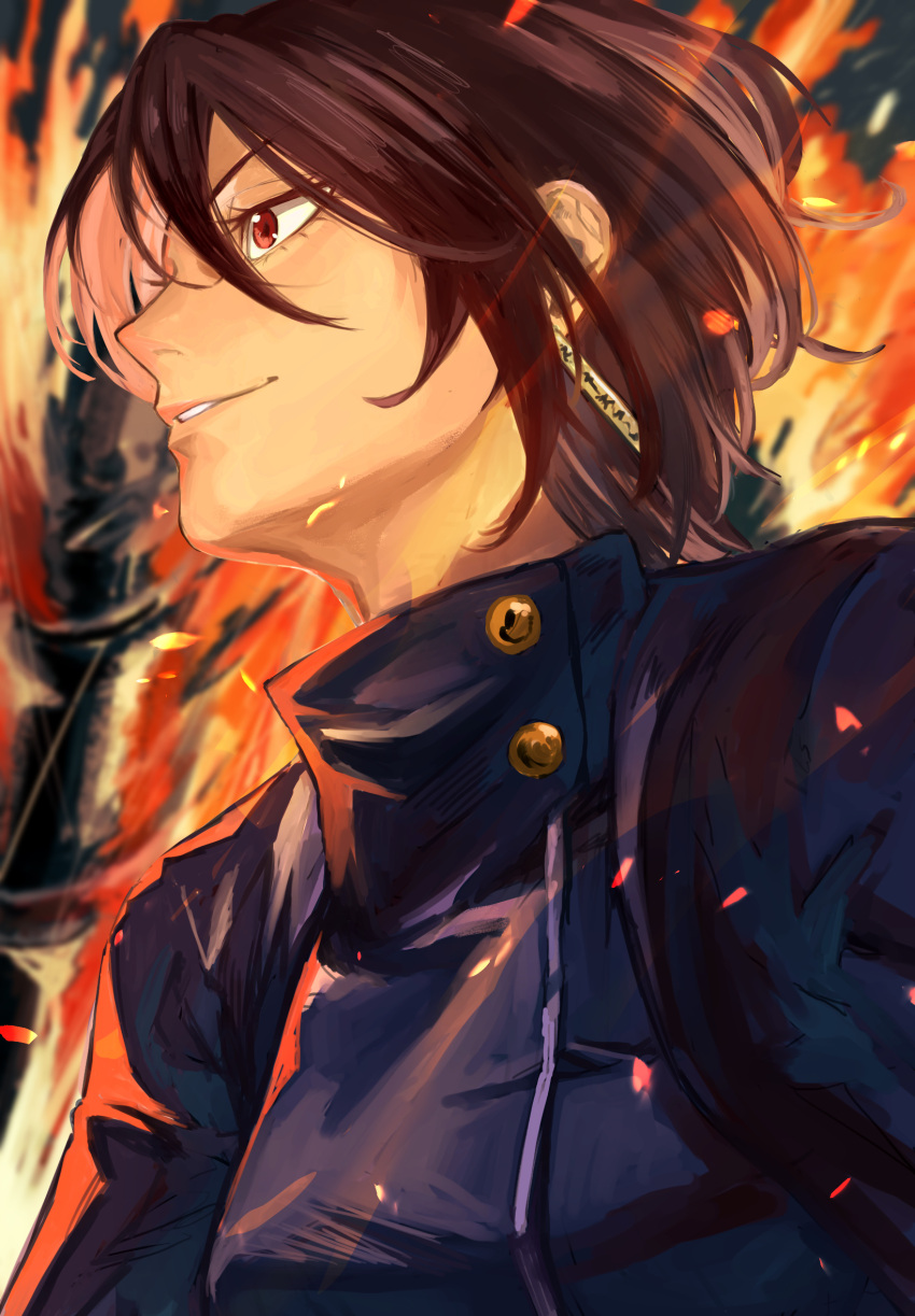 1girl, black_shirt, brown_hair, earrings, fire, highres, jewelry, kagurabachi, kakari_hiyuki, medium_hair, red_eyes, shirt, sokora_hen, solo, upper_body
