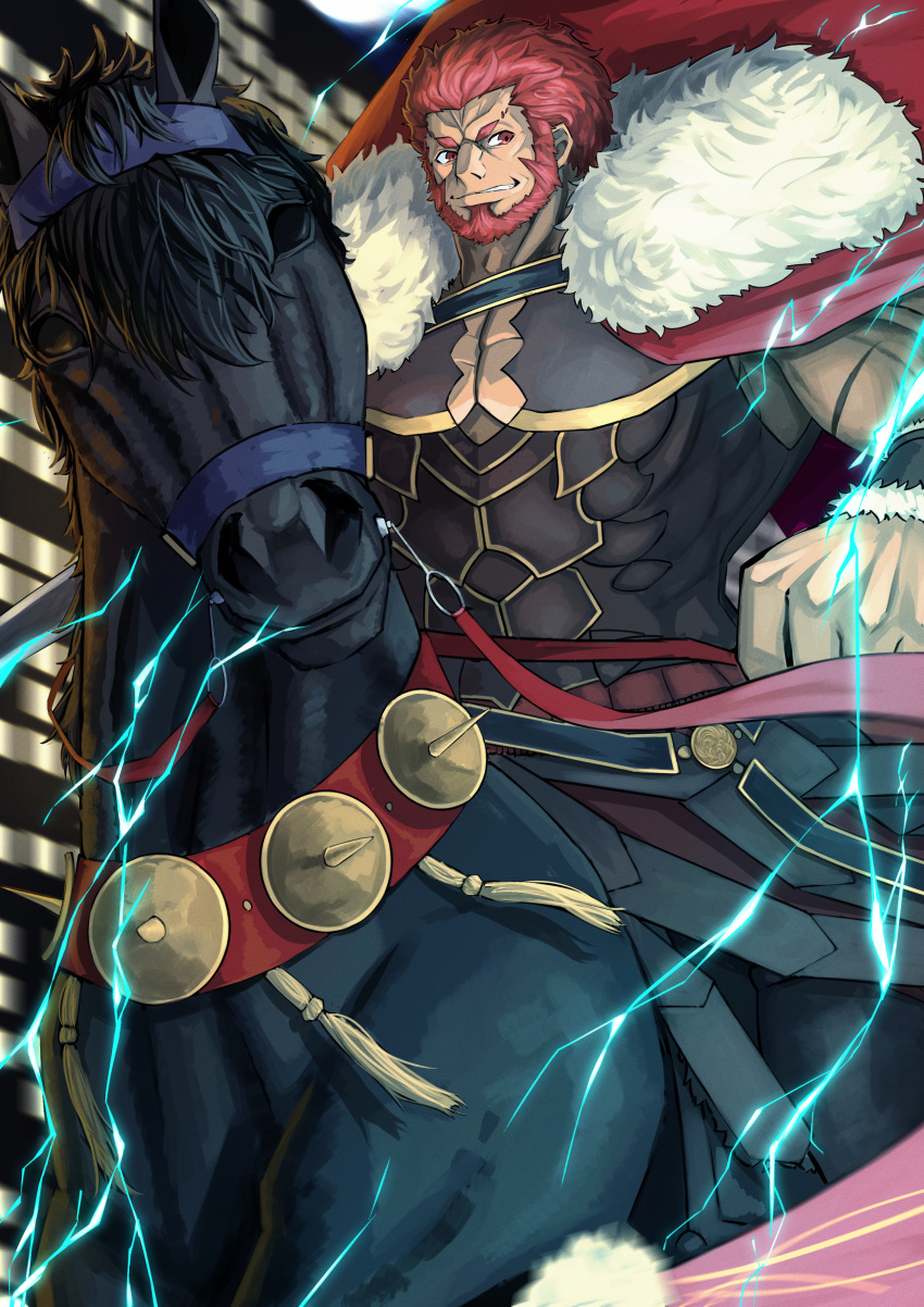 1boy, absurdres, armor, beard, bucephalus_(fate), cape, facial_hair, fate/grand_order, fate/zero, fate_(series), fur-trimmed_cape, fur_trim, highres, horse, horseback_riding, iskandar_(fate), large_pectorals, lightning, long_sideburns, male_focus, mature_male, muscular, muscular_male, pectorals, red_eyes, redhead, riding, sakahoko, short_hair, sideburns, smile