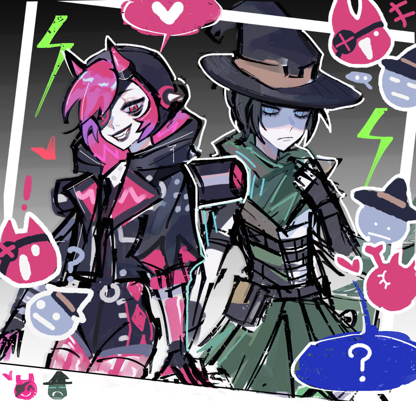 !, 2girls, ?, apex_legends, black_gloves, black_hair, black_jacket, black_lips