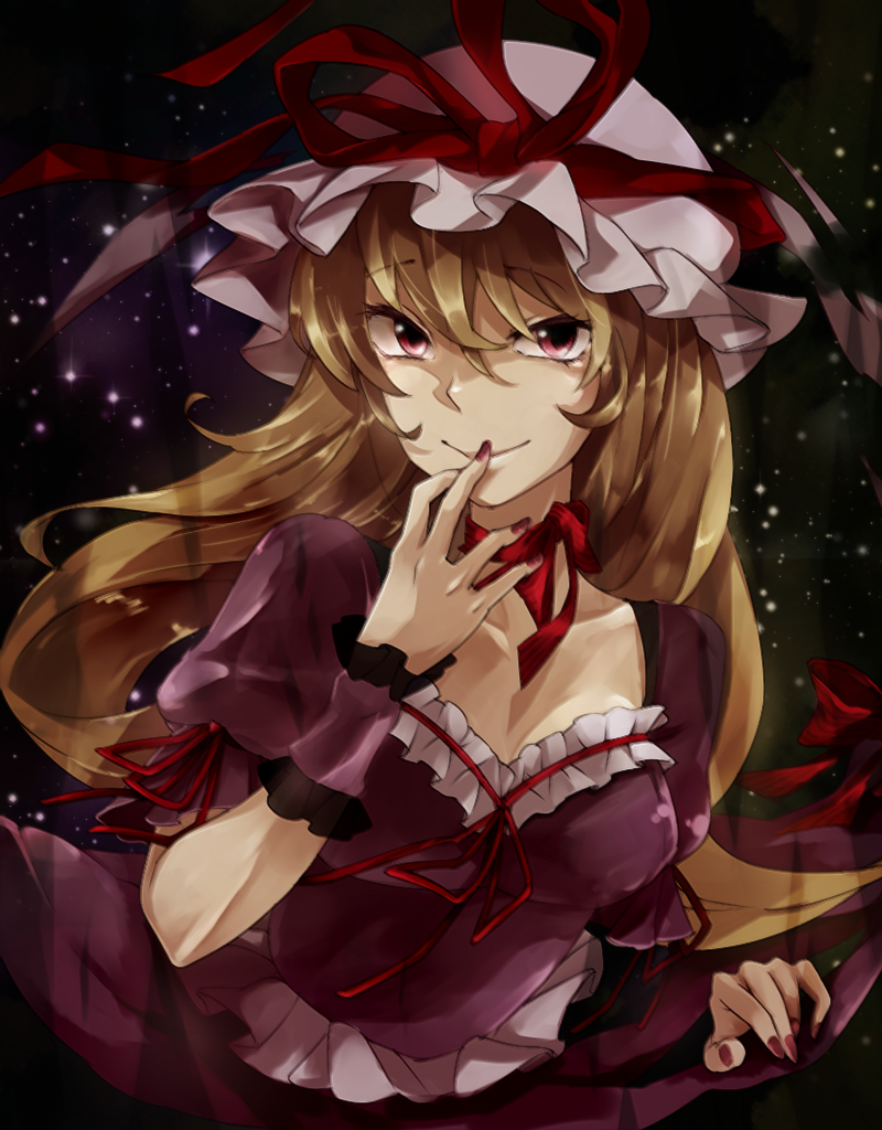blonde_hair, dress, hat, long_hair, nekobu, purple_eyes, ribbon, smile