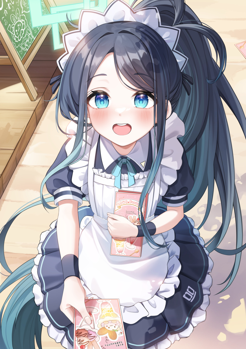 1girl, :d, absurdly_long_hair, absurdres, apron, aqua_hair, aqua_ribbon, aris_(blue_archive), aris_(maid)_(blue_archive), black_dress, black_hair, black_ribbon, blue_archive, blue_eyes, blue_halo, chalkboard_sign, collared_shirt, commentary, dot_nose, dress, floating_hair, frilled_apron, frilled_dress, frills, from_above, gradient_hair, hair_intakes, hair_ribbon, halo, highres, holding, holding_paper, indoors, light_blush, long_hair, looking_at_viewer, maid, maid_apron, multicolored_hair, neck_ribbon, number_print, official_alternate_costume, paper, pleated_dress, ponytail, puffy_short_sleeves, puffy_sleeves, raised_eyebrows, ribbon, romi_(9_romi_7), shadow, shirt, short_sleeves, sidelocks, smile, swept_bangs, tareme, teeth, upper_teeth_only, very_long_hair, white_apron, white_shirt, wooden_floor, wrist_cuffs