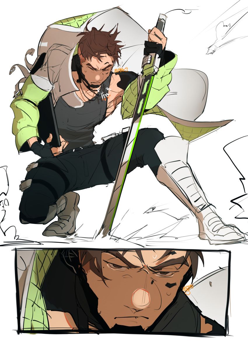 1boy, absurdres, animification, apex_legends, assan_(kagokamisan), biwon_blade, black_gloves, black_pants