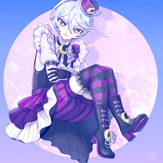1girl, androgynous, bad_id, bad_twitter_id, black_footwear, black_gloves, crescent, frilled_shirt, frills, full_body, gloves, green_eyes, grey_hair, hair_between_eyes, hat, high_heels, idol_clothes, knees_up, looking_at_viewer, mdr_onj1807, mini_hat, pretty_series, pripara, purple_hat, purple_shorts, reverse_trap, shikyoin_hibiki, shirt, short_hair, shorts, sitting, solo, striped_clothes, striped_thighhighs, thigh-highs, white_shirt