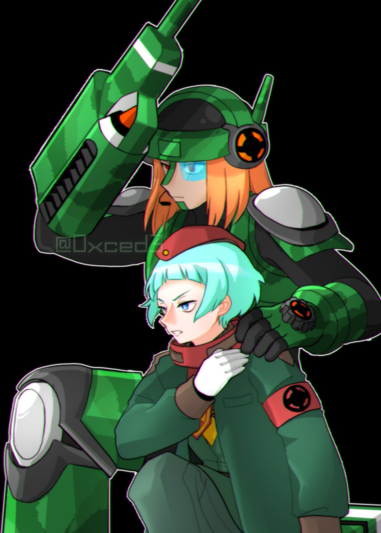 0xced3, 2boys, arm_cannon, arm_up, armband, black_background, blue_eyes, coat