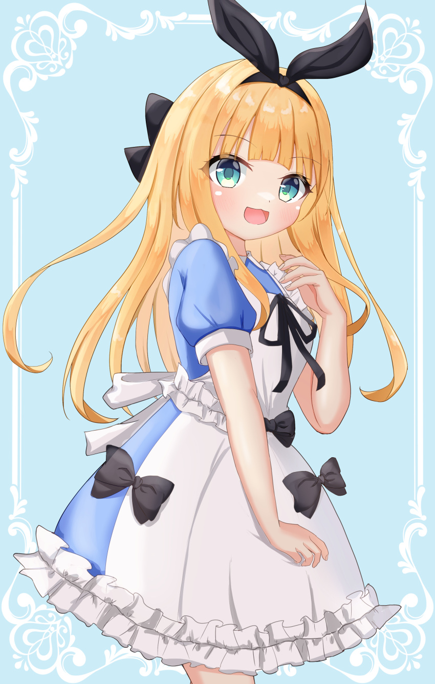 1girl, :d, absurdres, apron, aqua_background, aqua_eyes, black_bow, black_hairband