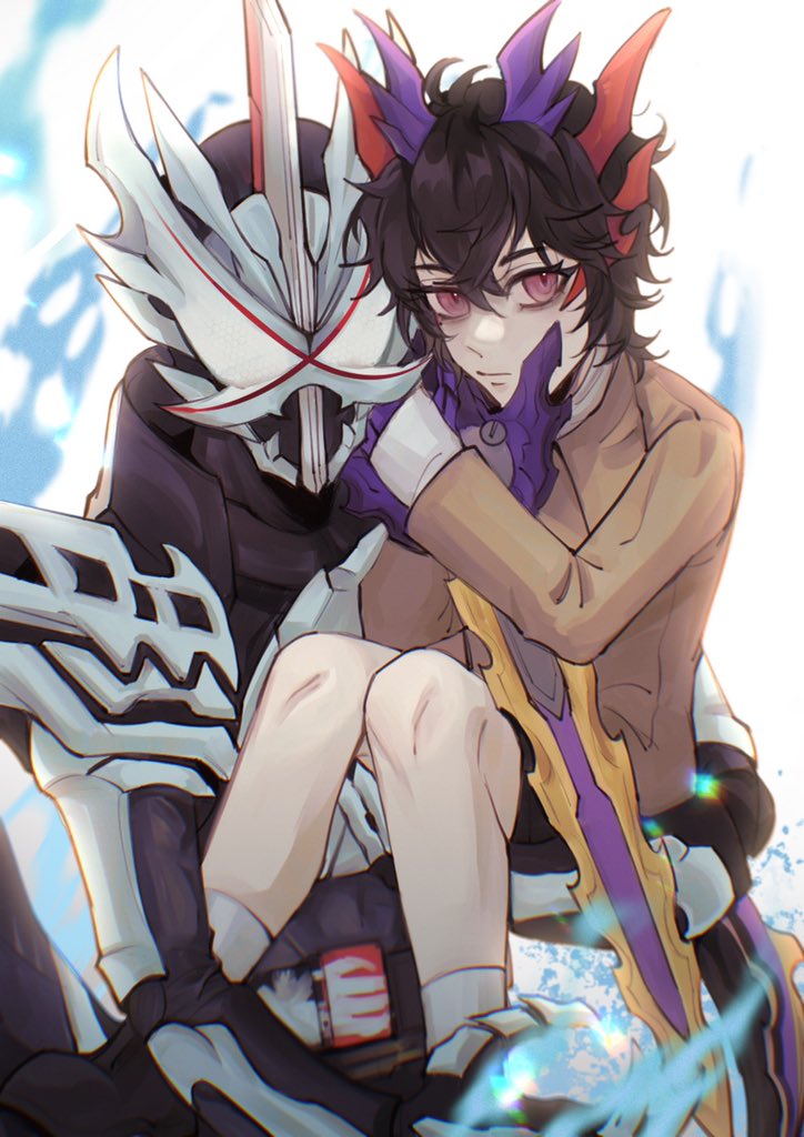 black_footwear, black_hair, blue_eyes, bone, bone_armor, dragon, dragon_boy, dragon_horns
