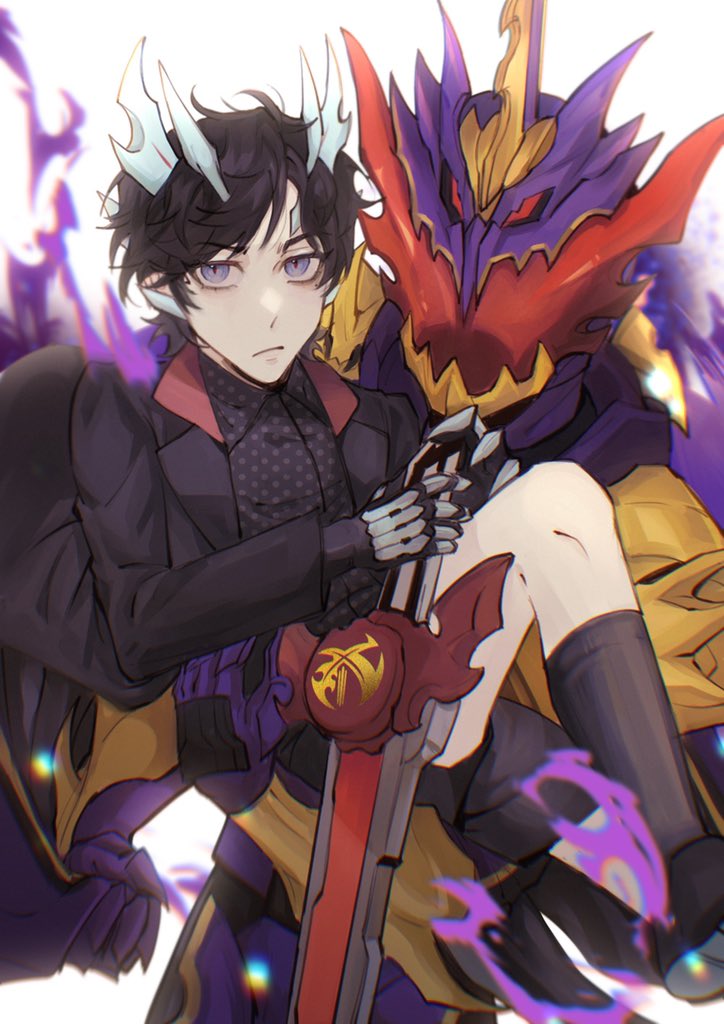 2boys, adapted_costume, armor, black_gloves, black_hair, black_jacket, black_shirt, black_shorts