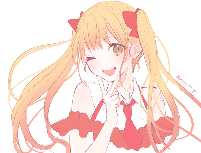 1girl, artist_name, blonde_hair, bow, brown_eyes, collared_shirt, commentary_request, frills