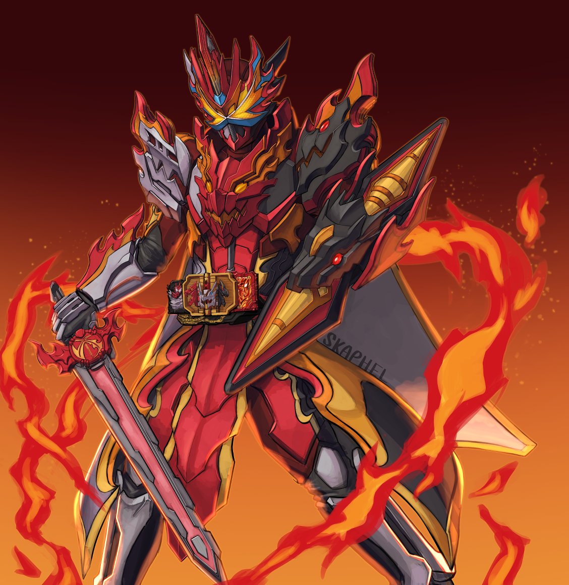 1boy, armor, black_armor, bone_armor, brave_dragon, elemental_dragon, emotional_dragon, fiery_background, fire, fusion, gloves, glowing, glowing_eyes, helmet, holding, holding_sword, holding_weapon, horns, kaenken_rekka, kamen_rider, kamen_rider_saber, kamen_rider_saber_(series), kamen_rider_saber_primitive_dragon_brave_dragon, knight, male_focus, shield, shoulder_armor, skaphel, solo, sword, tokusatsu, weapon, white_armor, wonder_ride_book