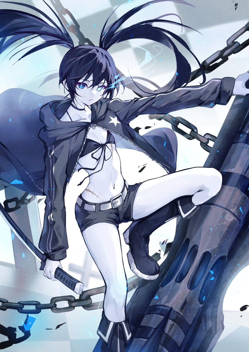 1girl, belt, bikini, black_bikini, black_footwear, black_hair, black_jacket, black_rock_shooter