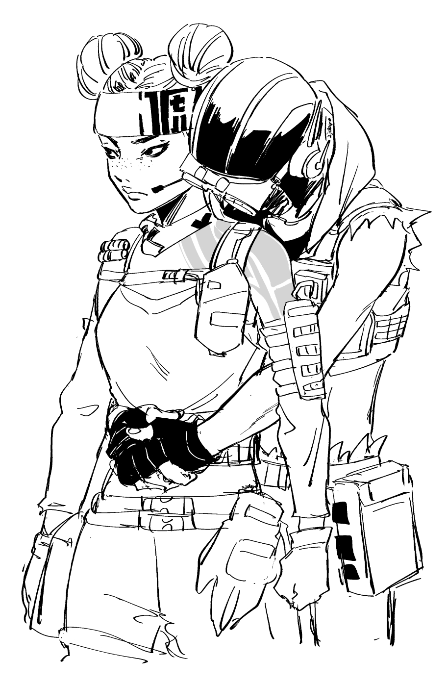 1boy, 1girl, apex_legends, arm_tattoo, aviator_cap, belt, clenched_hand, cropped_vest