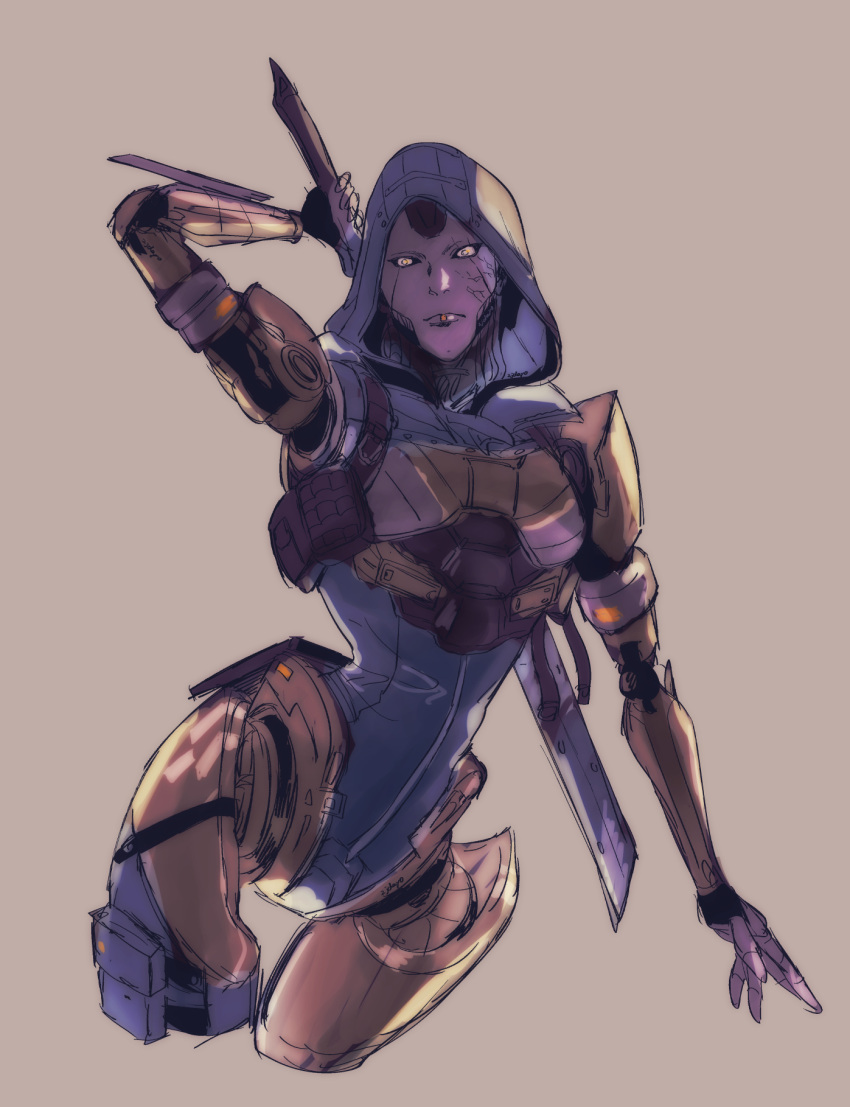 1girl, android, apex_legends, ash_(titanfall_2), black_sclera, blue_leotard, brown_background, colored_sclera