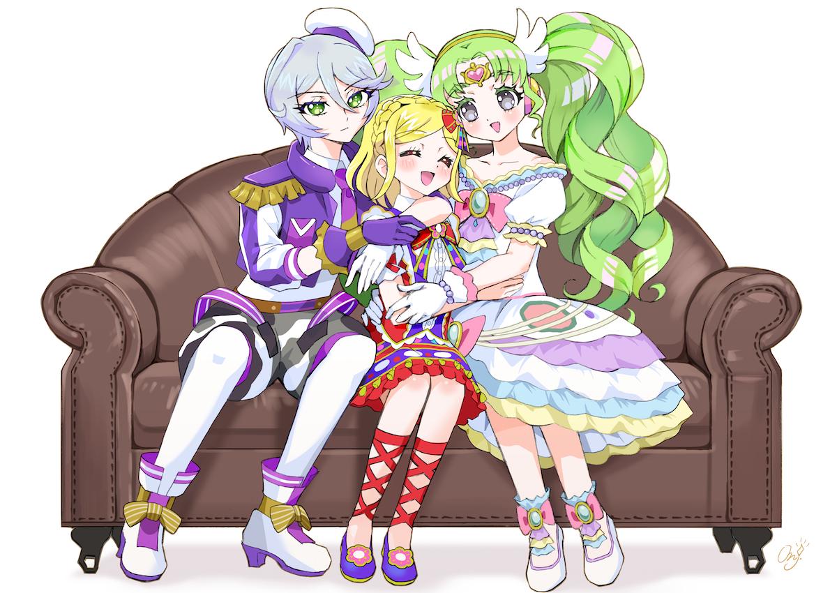 3girls, :d, bad_id, bad_twitter_id, blonde_hair, boots, braid, closed_eyes