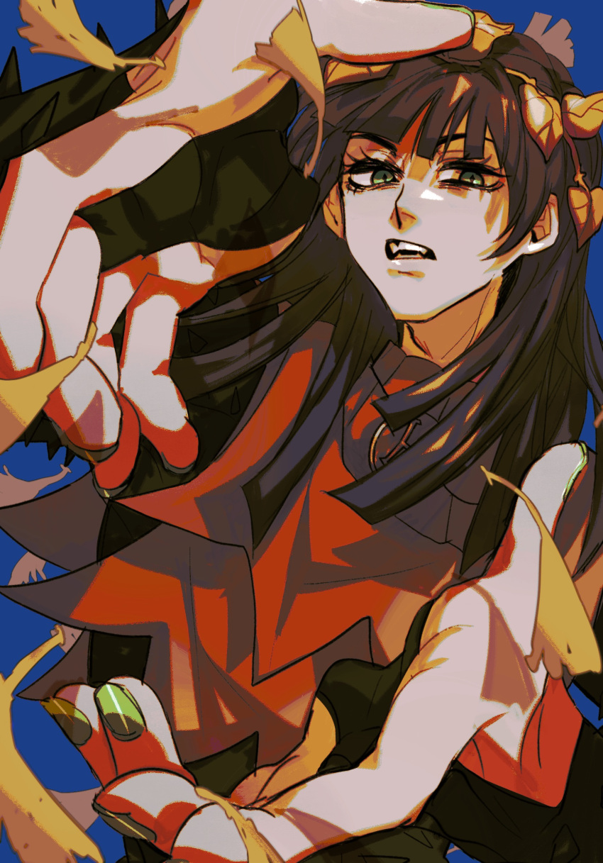1boy, black_hair, blue_background, blunt_bangs, bridal_gauntlets, ginkgo_leaf, green_eyes, green_nails