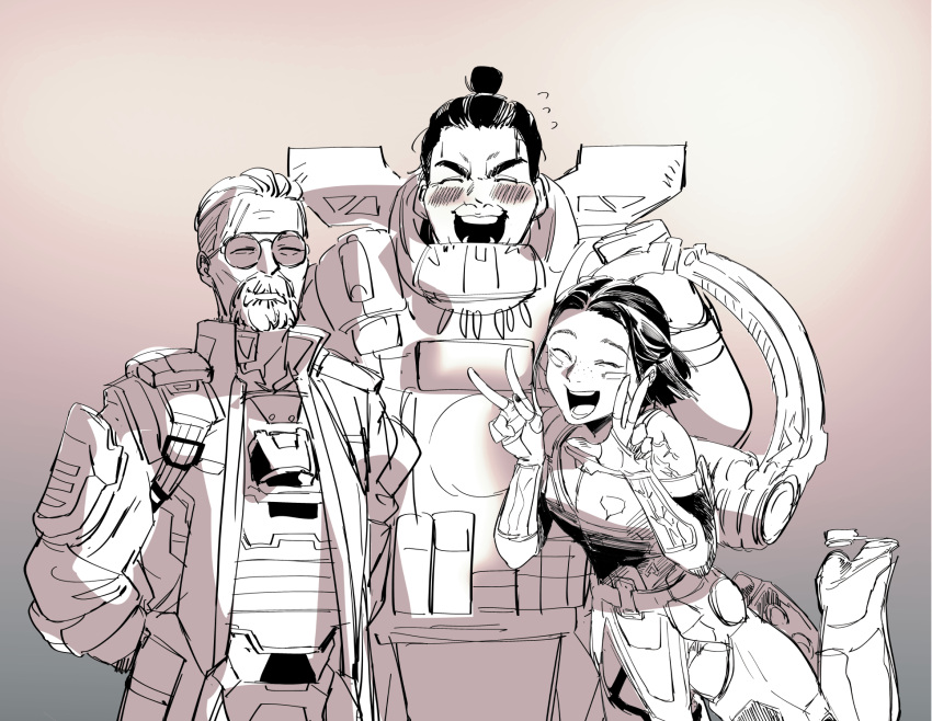 1girl, 2boys, ^_^, animification, apex_legends, armor, ballistic_(apex_legends), blush