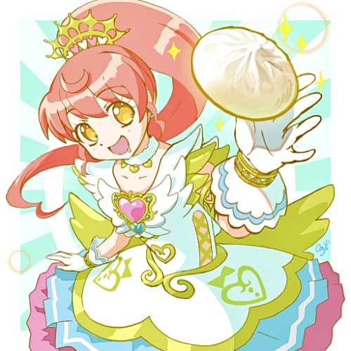 1girl, :d, bad_id, bad_twitter_id, baozi, dress, drooling, floating