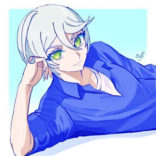 1girl, androgynous, arm_support, bad_id, bad_twitter_id, blue_background, blue_shirt, border