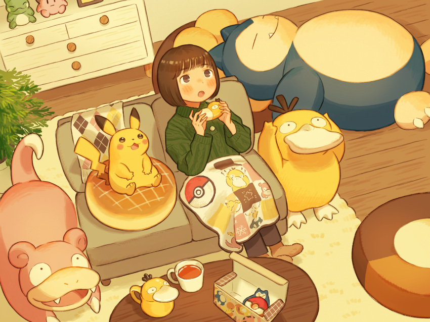 1girl, blanket, brown_eyes, brown_hair, closed_eyes, coffee_mug, coffee_table, commentary_request