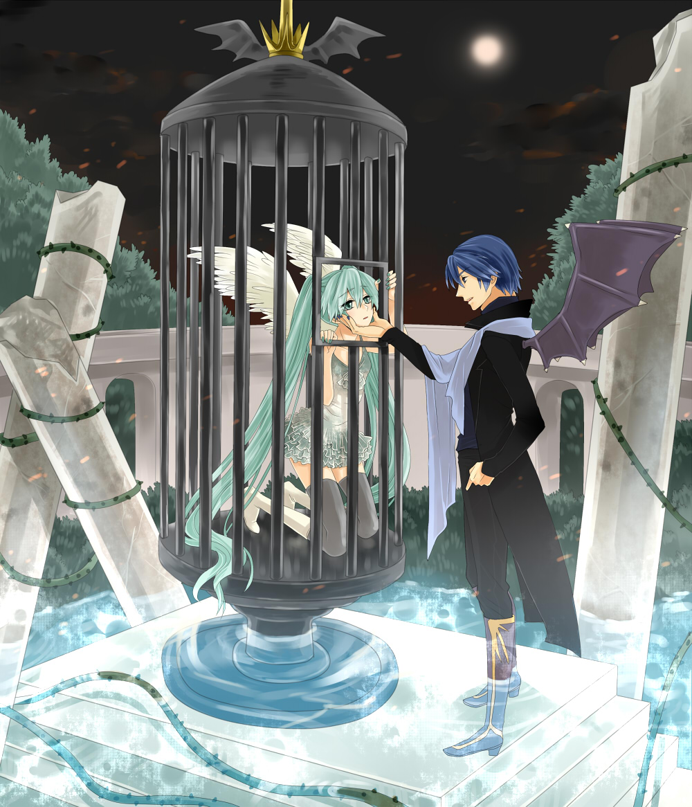 bad_id, bat_wings, blue_eyes, blue_hair, boots, cage, green_eyes, green_hair
