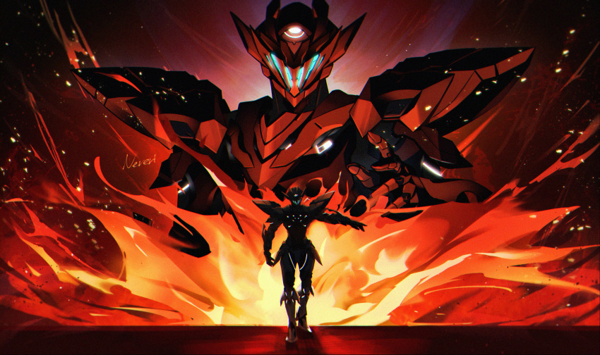 1other, armor, artist_name, breastplate, facing_viewer, faulds, fire, full_armor, full_body, gauntlets, glowing, glowing_armor, glowing_headgear, greaves, helmet, highres, honkai:_star_rail, honkai_(series), mecha, multiple_views, nerevi, other_focus, outstretched_arm, pauldrons, robot, sam_(honkai:_star_rail), shoulder_armor, solo, upper_body, vambraces, white_armor, wide_shot