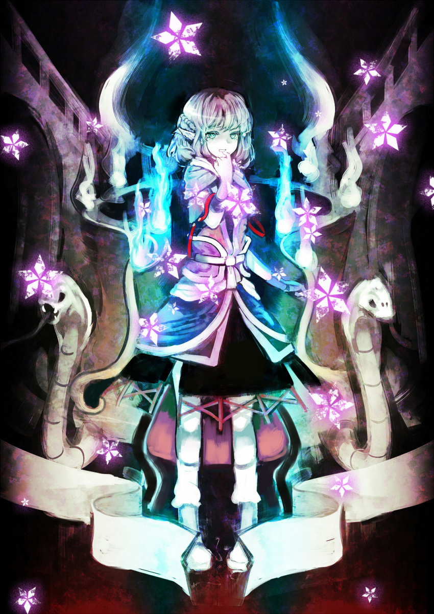 biting, danmaku, finger_biting, finger_to_mouth, highres, mizuhashi_parsee, organ_derwald, pointy_ears, scarf, short_hair, snake, solo, touhou
