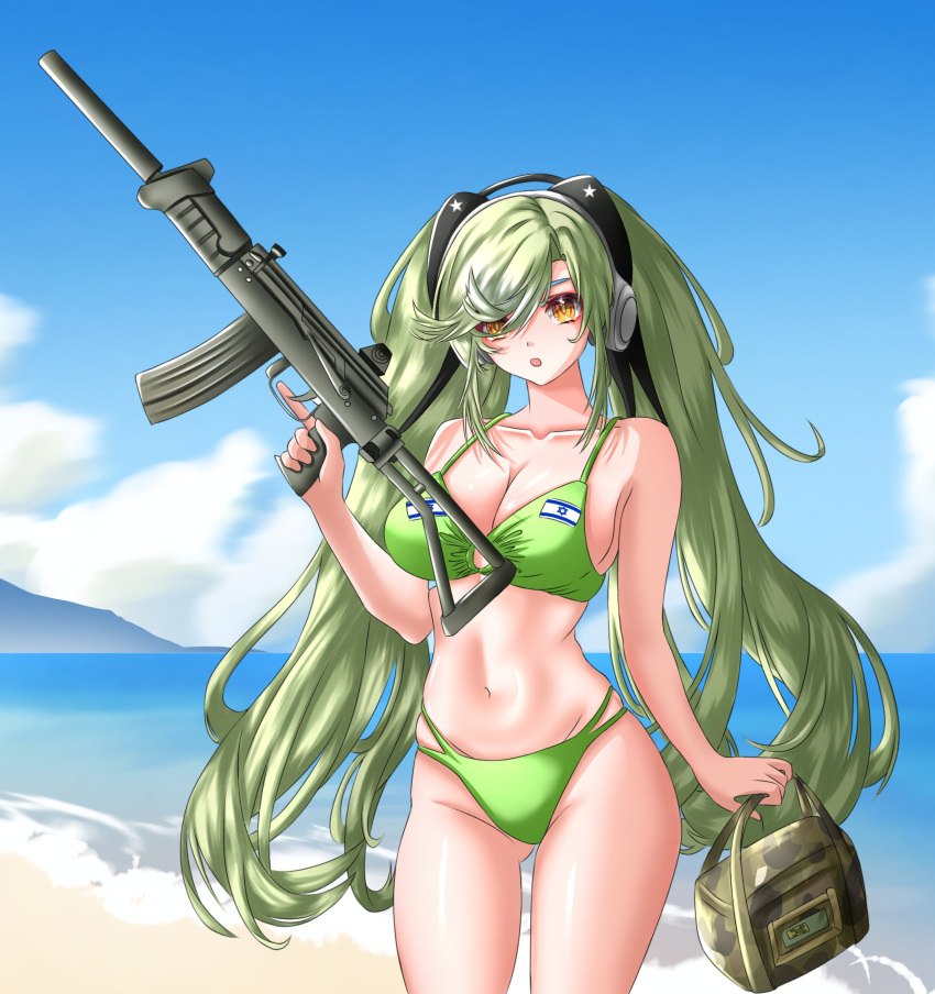 1girl, absurdres, ahomushi994, artist_request, assault_rifle, beach, bikini, breasts, chameleon, earphones, girls_frontline, green_bikini, green_hair, gun, highres, israeli_flag, large_breasts, magal_(girls'_frontline), micro_galil, rifle, self-upload, solo, swimsuit, twintails, weapon, yellow_eyes