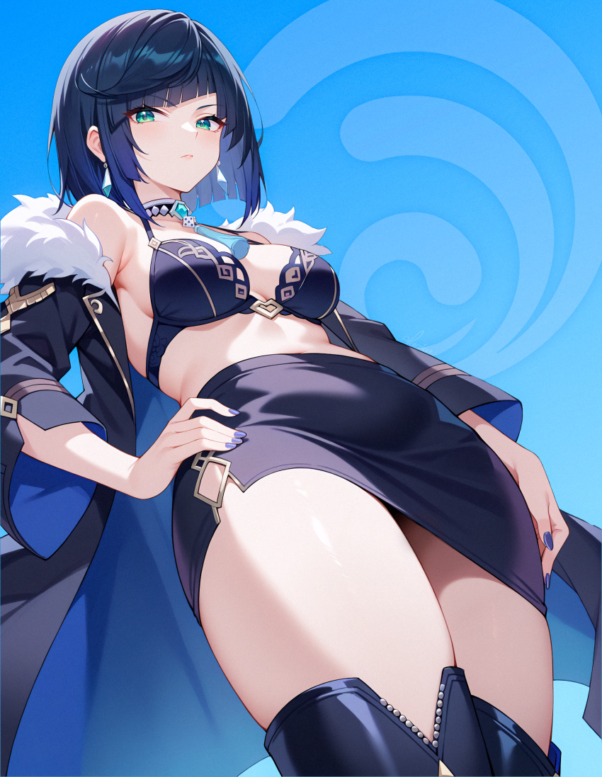 asymmetrical_skirt, blue_hair, bob_cut, bra, choker, diagonal_bangs, fur-trimmed_jacket, fur_trim, genshin_impact, heretikka, highres, jacket, jacket_on_shoulders, nail_polish, short_hair, tassel_choker, thigh-highs, underwear, yelan_(genshin_impact)