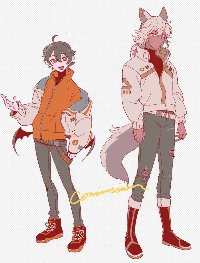 2boys, ahoge, animal_ear_fluff, animal_ears, bat_wings, black_hair, black_wings, boots