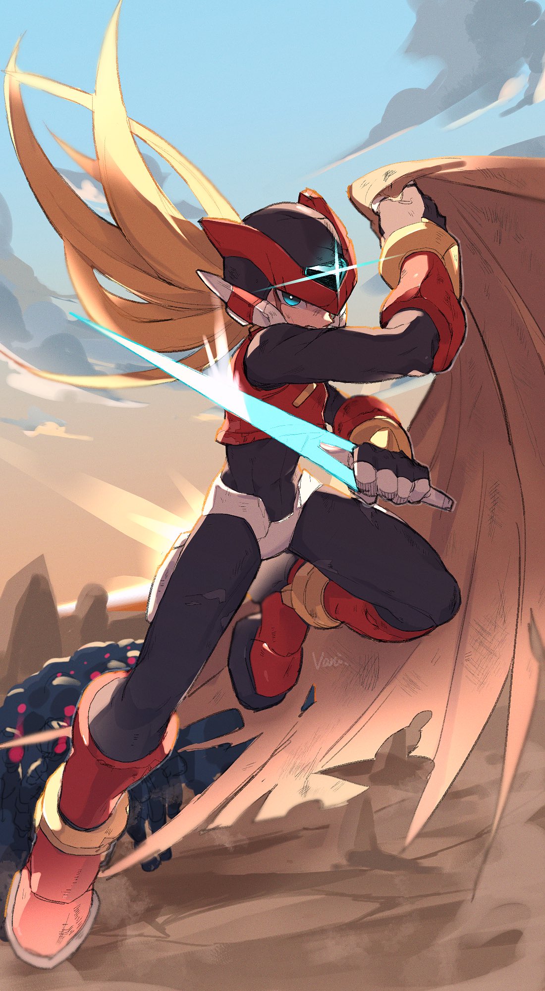 1boy, armor, artist_name, battle_damage, blonde_hair, blue_eyes, boots, cloak