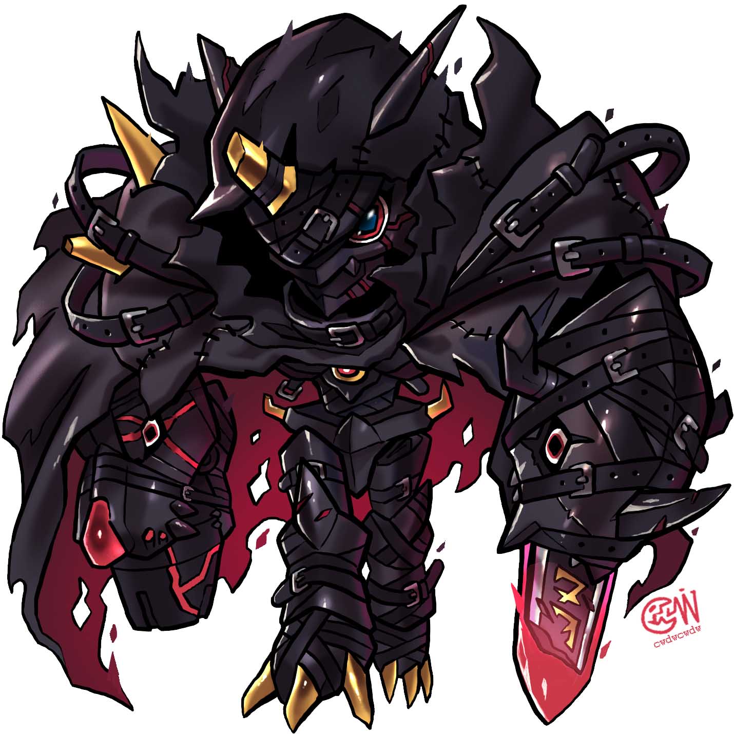 arm_blade, arm_cannon, artist_logo, battle_damage, belt, black_cloak, black_eyes, broken