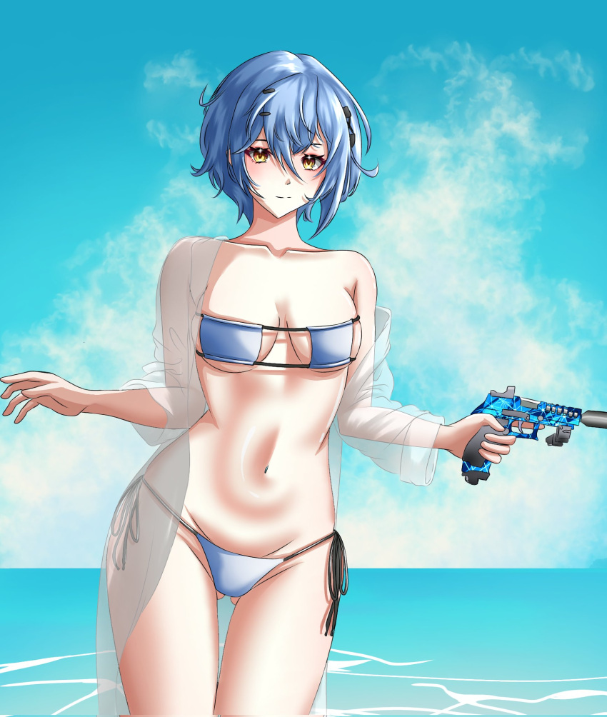 ahomushi994, artist_request, beach, bikini, blue_bikini, blue_hair, girls_frontline, gun, highres, ppq_(girls'_frontline), see-through, see-through_shirt, self-upload, sniper_ghost_warrior, swimsuit, weapon, yellow_eyes