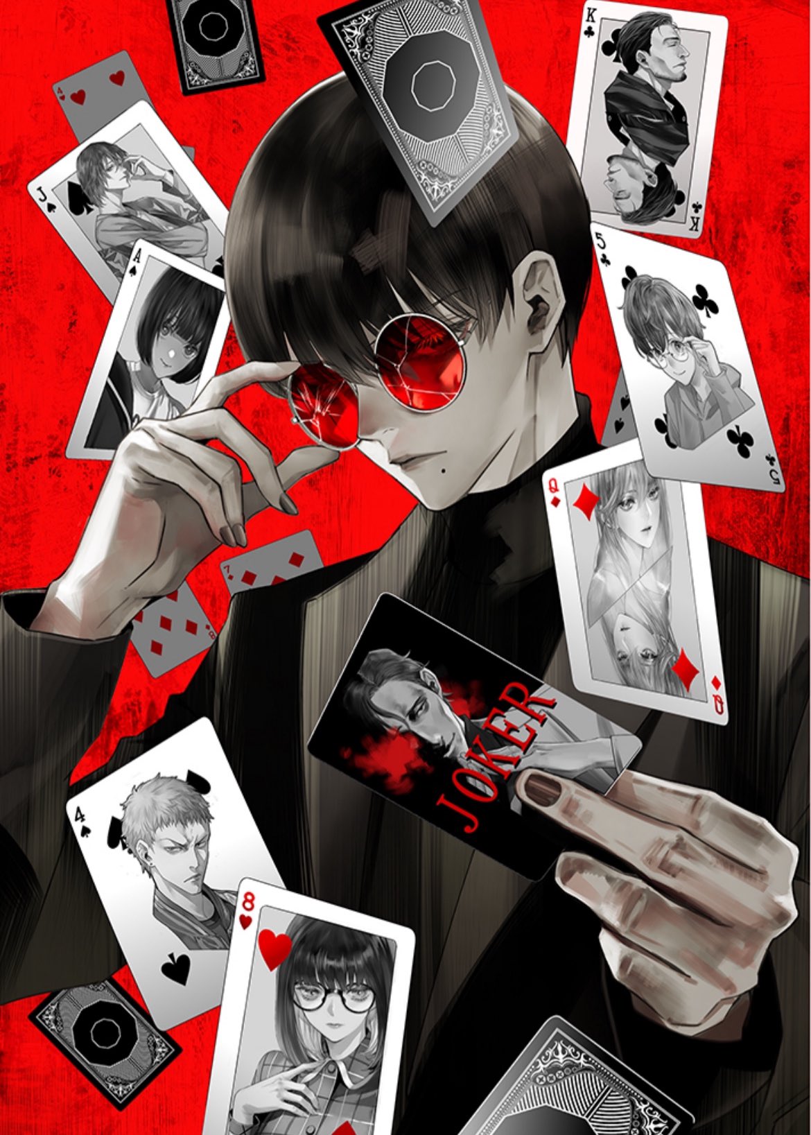 1boy, ace_(playing_card), ace_of_spades, adjusting_eyewear, agatha_(jukkakukan_no_satsujin), bishounen, black_hair, broken_eyewear