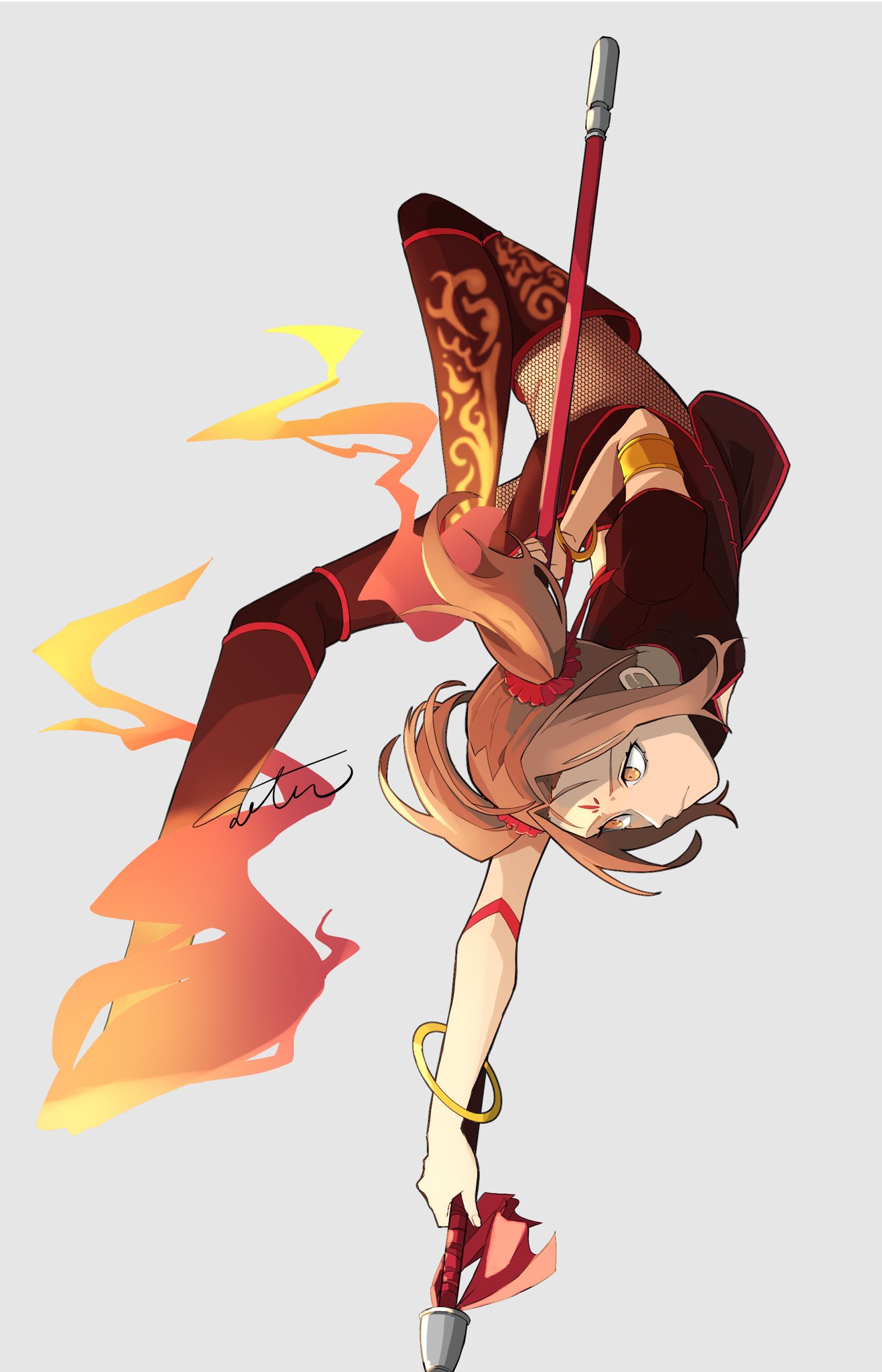 1girl, ahoge, arched_back, arm_behind_back, armlet, brown_dress, brown_eyes, brown_hair