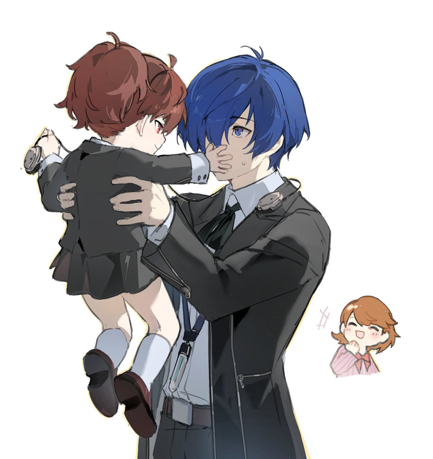 19_0v0, 1boy, 2girls, aged_down, black_jacket, black_ribbon, black_skirt, blue_eyes